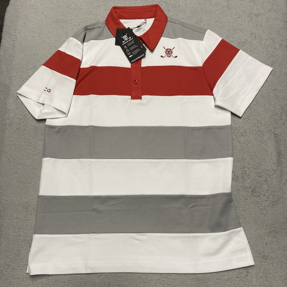 Chuco Golf Polo Shirt Mens Small Colorblock Red Gray White Performance Skull NEW
